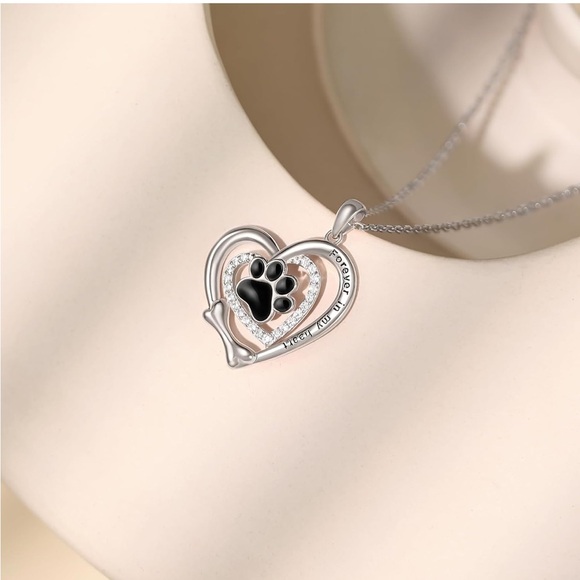14k Gold Heart Diamond Paw Print Dog Bone Necklace - Picture 8 of 11
